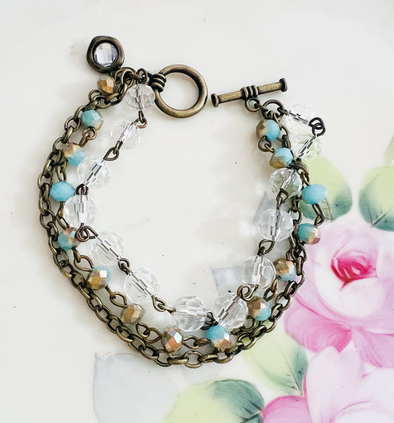 Turquoise & Crystal Beaded Triple Strand Bracelet