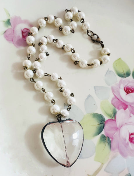 Soldered Crystal Heart Necklace Pearl Chain