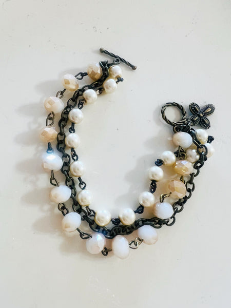 Tan Neutrals & Pearl Triple Strand Bracelet