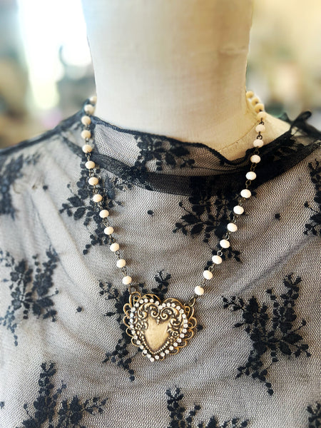 Brass Patina Heart Filigree Necklace