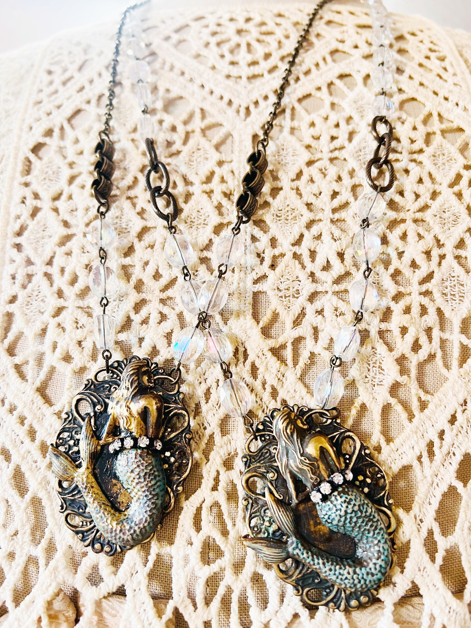 Brass Patina Mermaid Beaded Chain Necklace