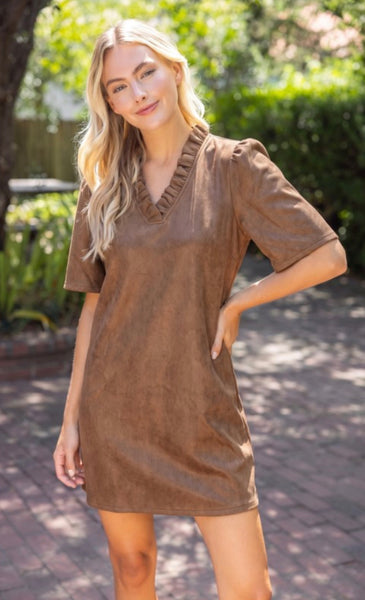 NFR or Bust Faux Leather Ruffle Trim Dress