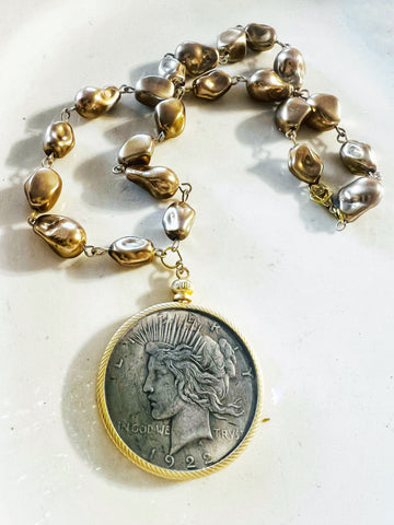 Vintage Liberty Coin Bezel Pearl Beaded Chain Necklace