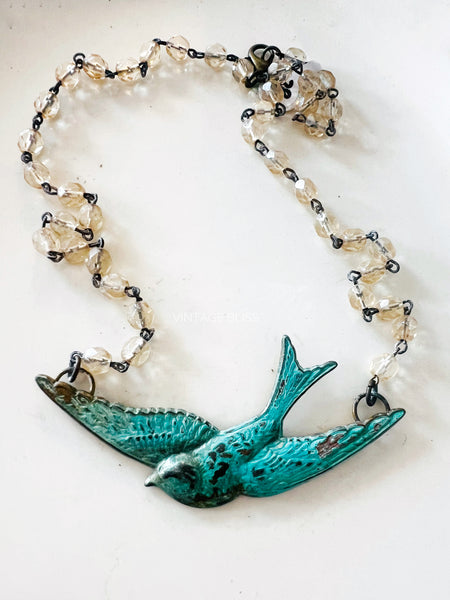 Fly High Turquoise Patina Sparrow Necklace