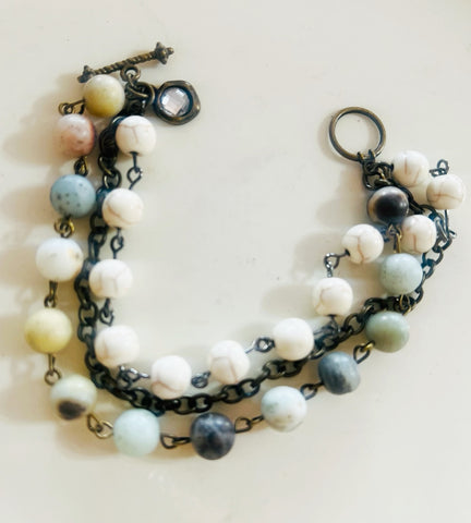 Aqua Neutrals Beaded Triple Strand Bracelet Moon charm