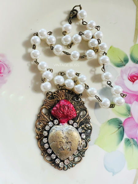 Sacred Heart Beaded Chain Necklace 17in