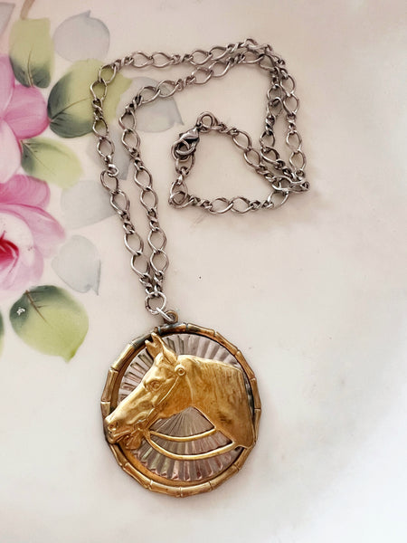 Polished Brass Silver Horse Medallion Necklace