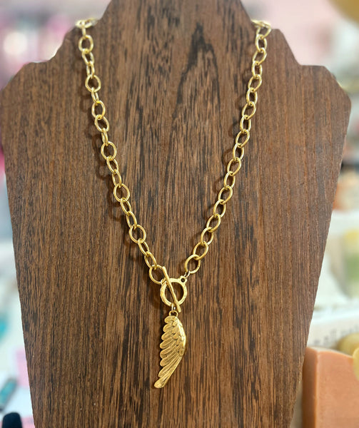 Gold Feather Wing Toggle Clasp Necklace