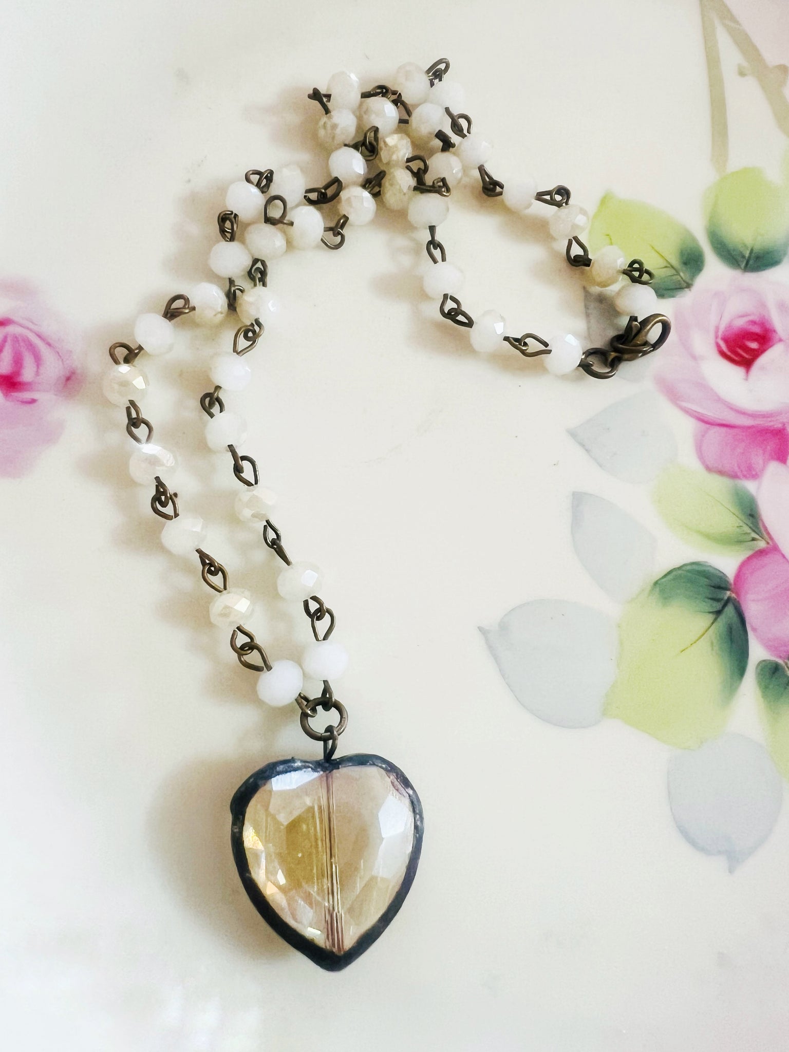 Soldered Topaz Clear Crystal  Mini Heart Necklace