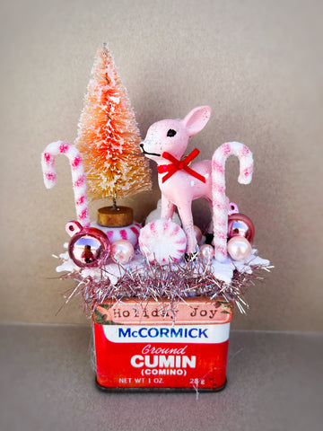 Pink Christmas Tree Reindeer Tin Decor