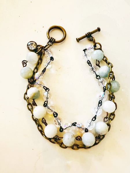 Neutral Aqua Tones Triple Strand Beaded Bracelet
