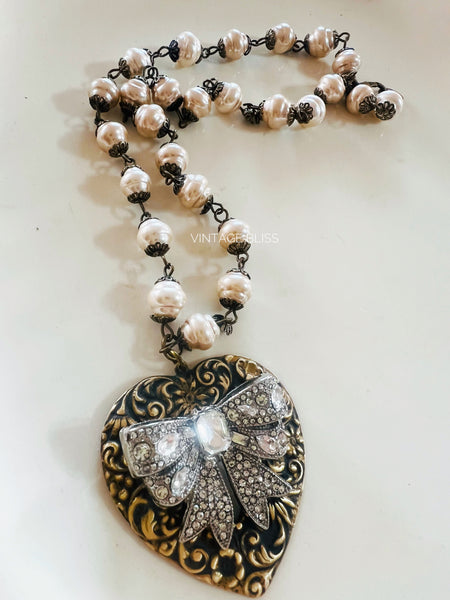 Rhinestone Bow Heart Filigree Pearl Necklace