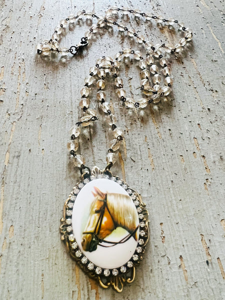 Western Horse Cameo Filigree Necklace Beaded Chain