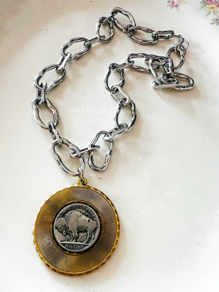 Buffalo Nickel Brass Patina Link Chain Necklace
