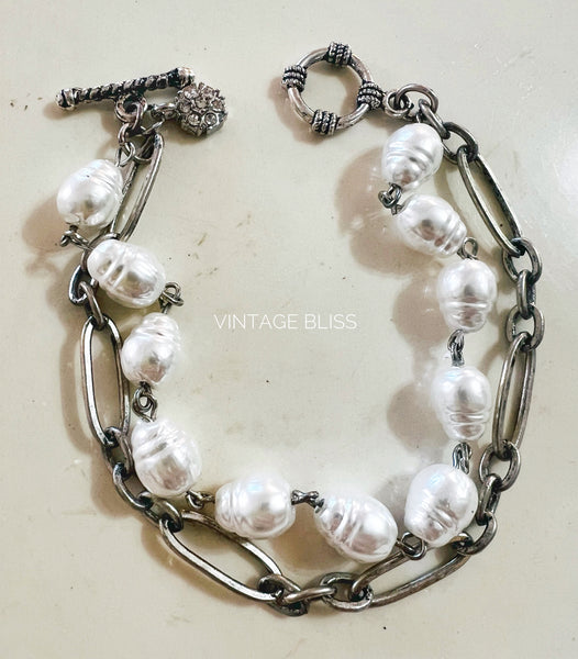 Silver Paperclip Chain &  Pearl Chain Bracelet