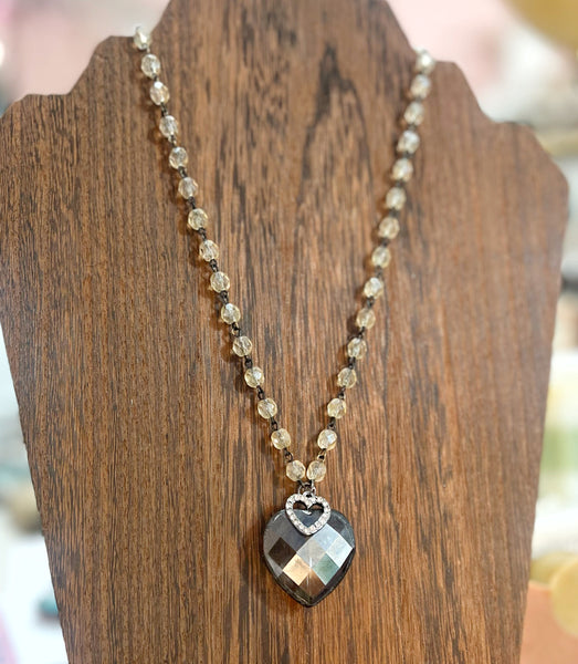 Soldered Smokey Crystal Heart Necklace Vintage Crystal Beaded Chain