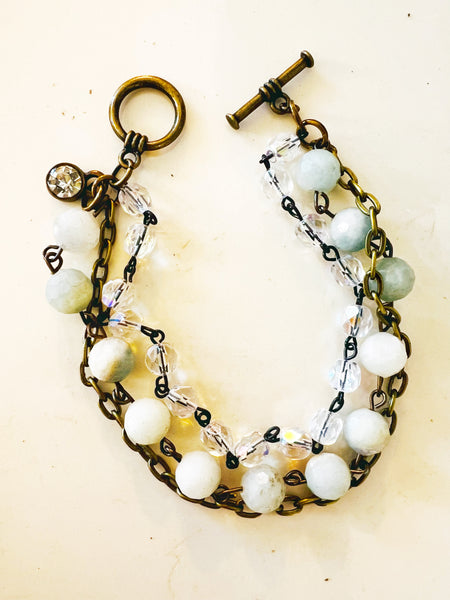 Neutral Aqua Tones Triple Strand Beaded Bracelet
