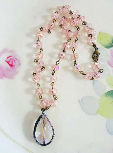 Soldered Crystal Drop Necklace Pink Beaded Chain