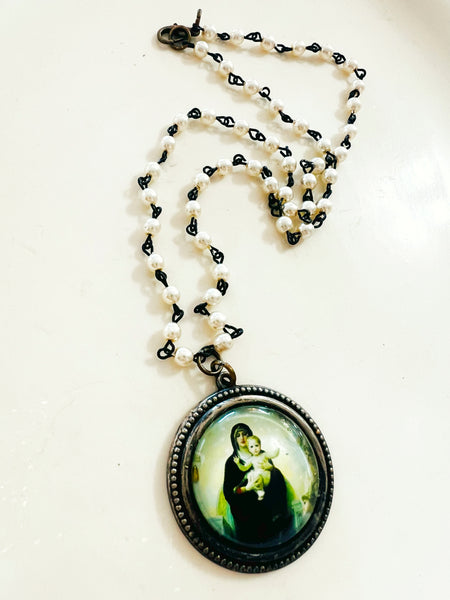 Religious Medallion Pearl Chain Necklace