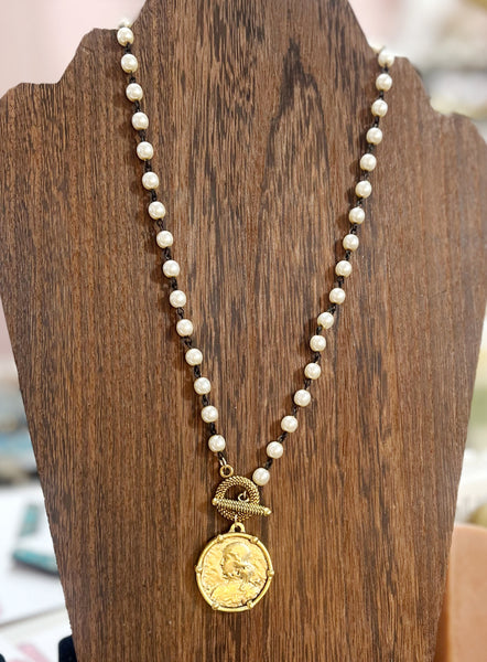 Gold Coin Pendant Pearl Chain Necklace