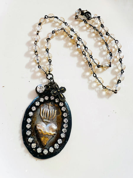 Sacred Heart Medallion Beaded Chain Necklace