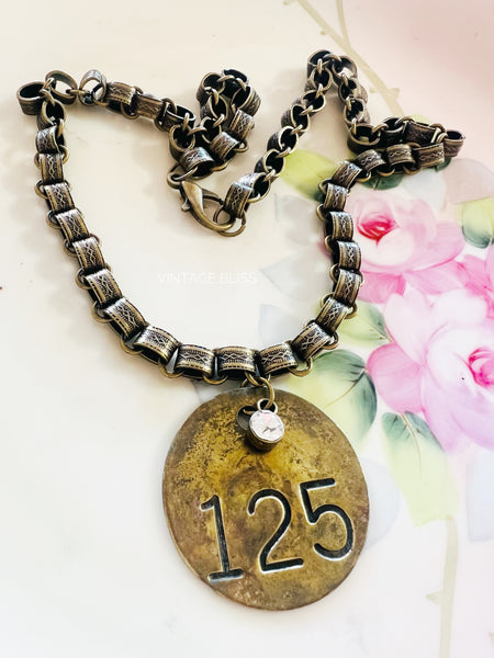 No 125 Brass Patina Vintage Locker Tag Necklace