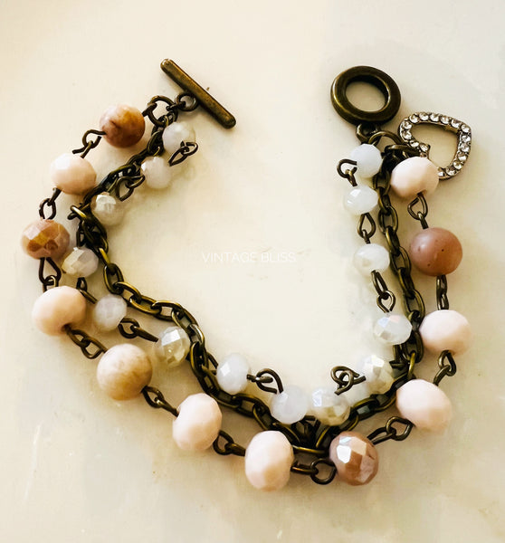 Peach & Tan Tones Triple Strand Beaded Bracelet