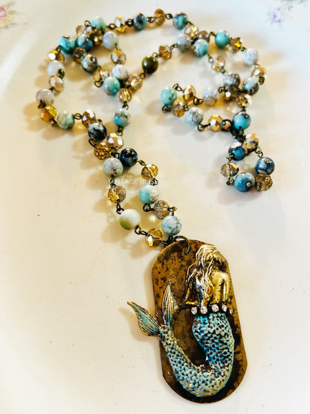 Brass Patina Turquoise Mermaid Tag Necklace