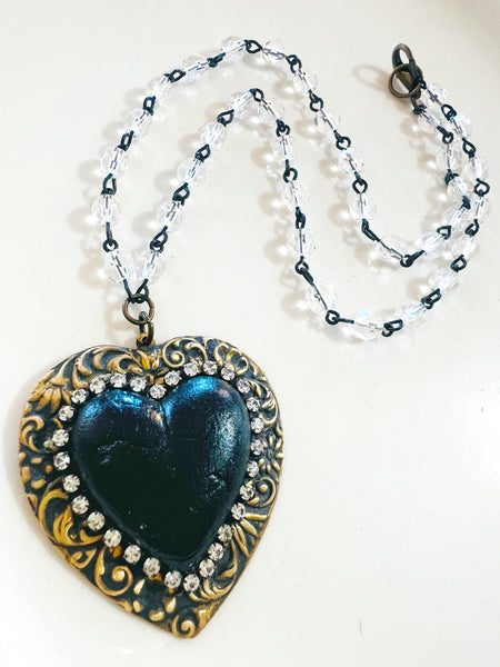 Black Clay Heart Filigree Clear Crystal Chain Necklace