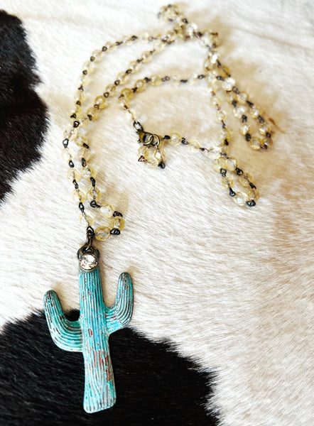 Patina Turquoise Cactus Beaded Chain Necklace