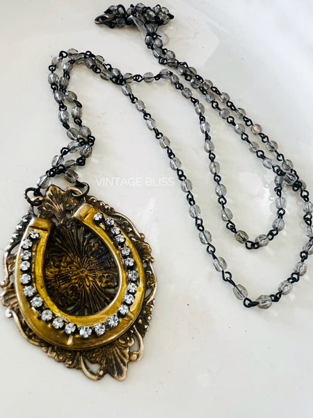 Horseshoe Brass Patina Filigree Necklace