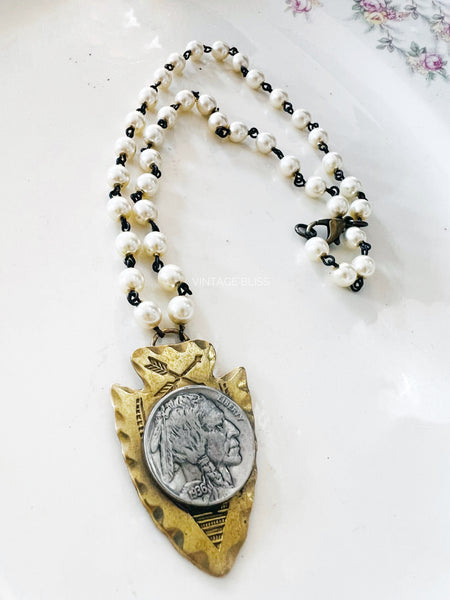 Indian Head Nickel Brass Arrowhead Necklace Pearl