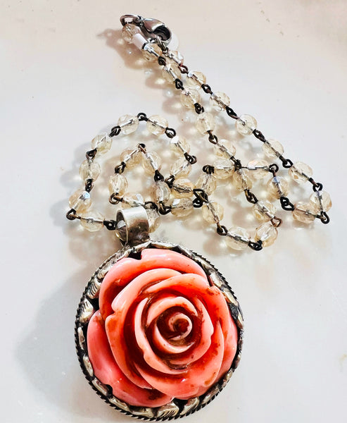 Carved Rose Necklace in Silver Setting