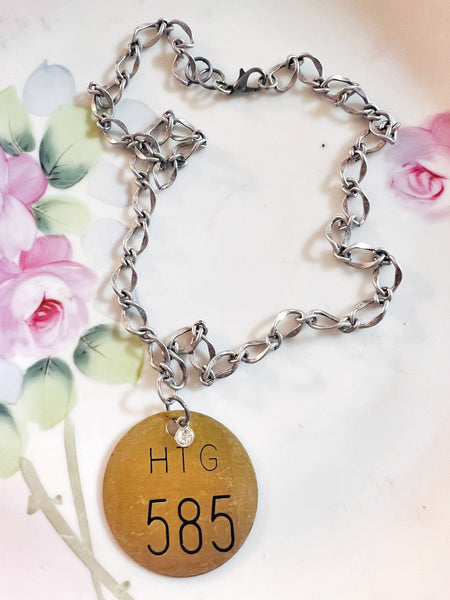 Brass Patina Vintage Locker Tag Necklace 585