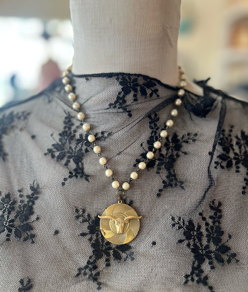 Brass Patina Steer Head Pearl Chain Necklace