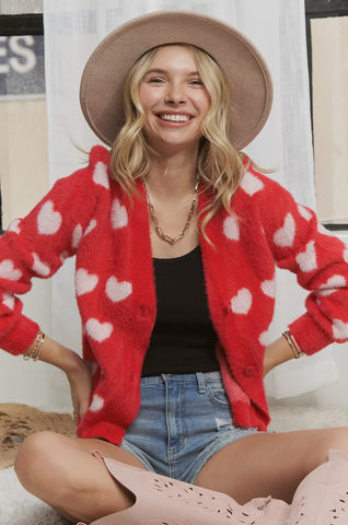 Red & White Heart Cardigan Sweater