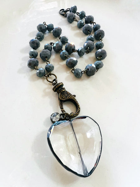 Soldered Crystal Heart Necklace Grey Beaded Chain