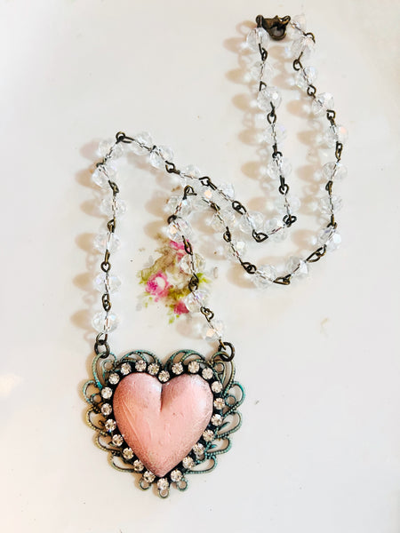 Pink Clay Distressed Heart Filigree Necklace