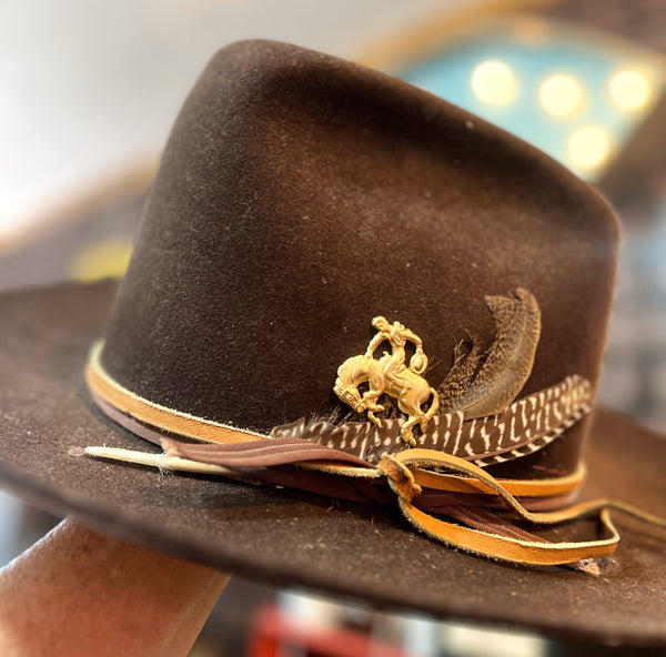 brass patina bronc rider hat pin 