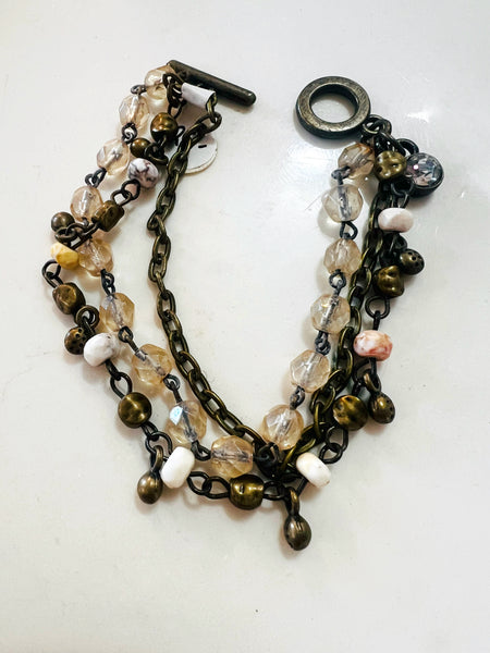 Peach & Tan Tones Triple Strand Beaded Bracelet