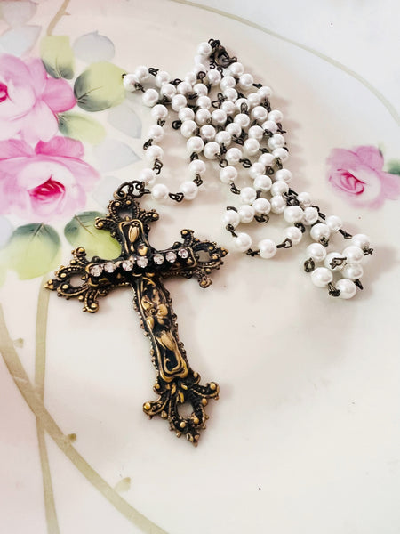 Brass Patina Filigree Cross Necklace