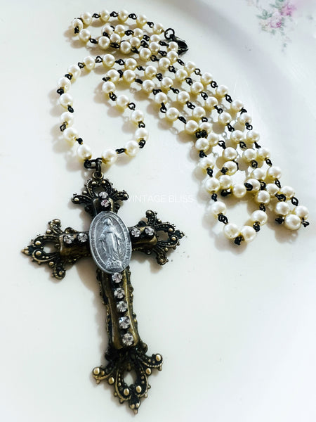 Brass Patina Filigree Cross Necklace Pearl Chain