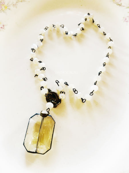 Soldered Topaz Crystal Off White Beaded Chain Necklace