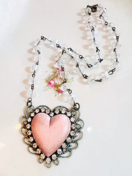 Pink Clay Distressed Heart Filigree Necklace