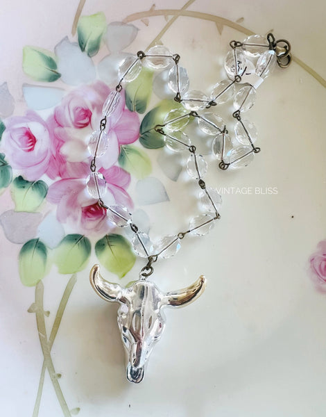 Silver Steer head Crystal Beaded Chain Necklace