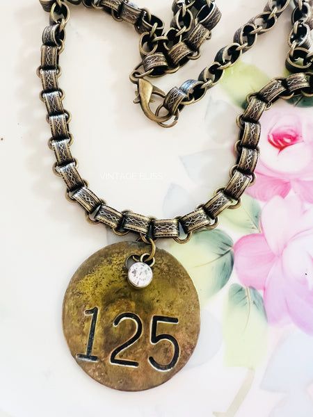 No 125 Brass Patina Vintage Locker Tag Necklace