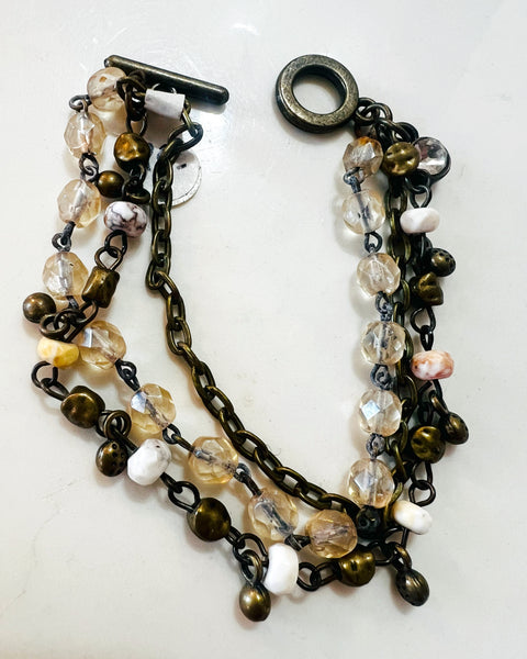 Peach & Tan Tones Triple Strand Beaded Bracelet