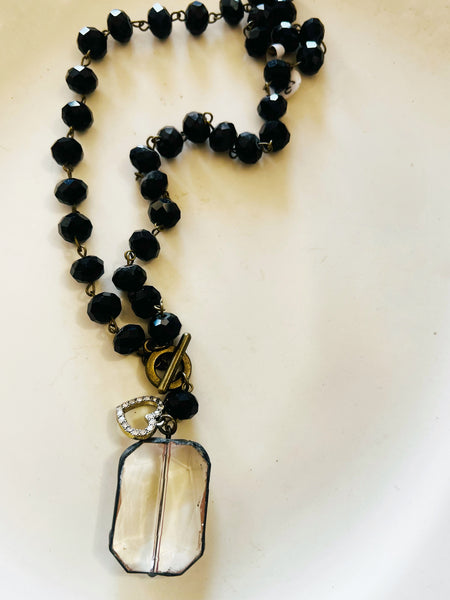 Soldered Crystal Drop Black Beaded Chain Necklace