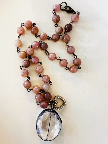 Soldered Crystal Oval Necklace Mauve Pink Beaded Chain