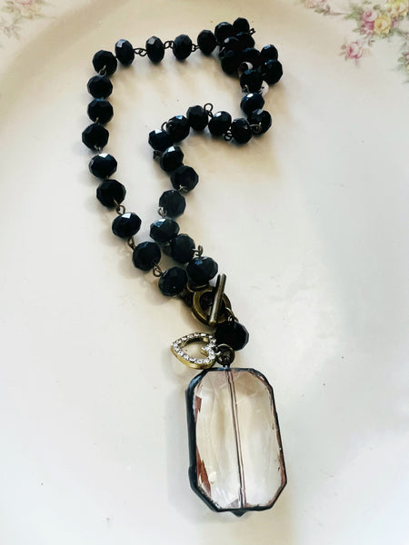 Soldered Crystal Drop Black Beaded Chain Necklace